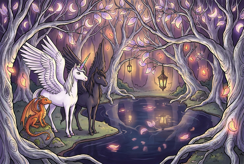 Luna the white alicorn with feathered wings and rainbow horn standing with Malara the dark alicorn and Ember the orange dragon in a glowing underground grove of silver branches and softly shining name-leaves