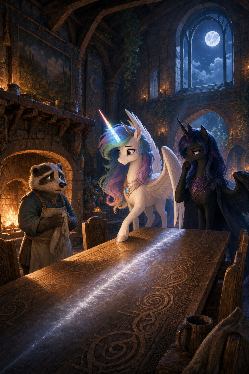 Luna the white alicorn with feathered wings and rainbow horn standing beside Malara in a moonlit stone guest hall, while a worried badger keeper watches silver light wash a white line from a long wooden table near a warm hearth