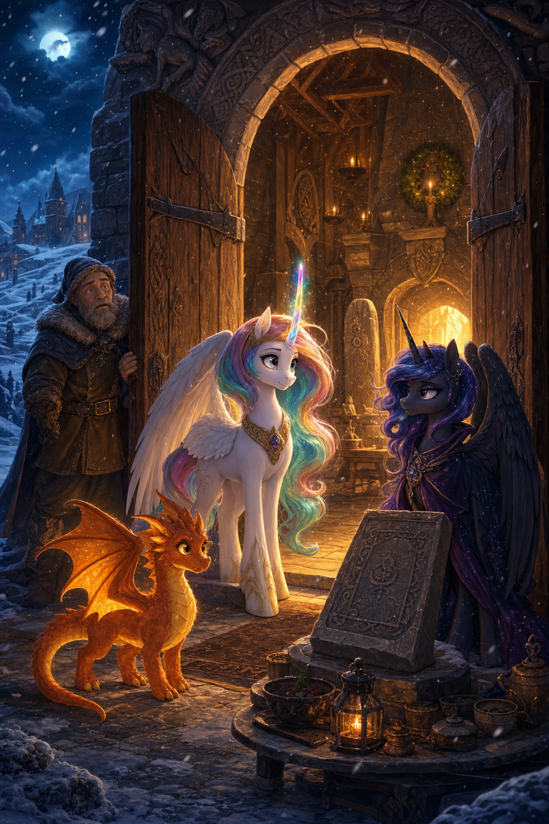 Luna the white alicorn with feathered wings and rainbow horn standing at a moonlit stone refuge hall beside Ember the orange dragon and Malara the dark alicorn, as warm golden firelight spills through open doors onto a snowy road