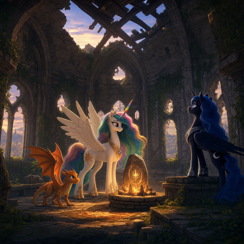 Luna the white alicorn with feathered wings and rainbow horn standing with Ember the orange dragon and Malara the dark alicorn in a ruined stone oath hall beside a glowing promise stone and a small steady hearth flame