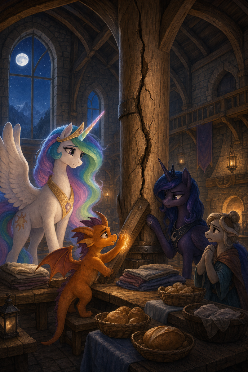 Luna the white alicorn with feathered wings and rainbow horn standing in a moonlit communal hall beside Ember the orange dragon, Malara the dark alicorn, and a worried mare hall-keeper near a cracked wooden beam, shared bread, and warm lantern light
