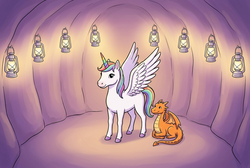 Luna the white alicorn with feathered wings and rainbow horn standing in a glowing round hall of silver lamps and soft violet-gold light