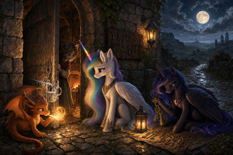 Luna the white alicorn with feathered wings and rainbow horn standing beside an old stone wayhouse at night, with Ember the orange dragon warming a frozen lock, Malara the dark alicorn sorting brass keys by lantern light, and a tired keeper mare opening the door