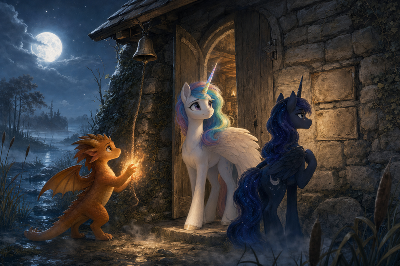Luna the white alicorn with feathered wings and rainbow horn standing at the doorway of an old stone sanctuary by the marsh, with Ember the orange dragon warming a stubborn bell rope and Malara the dark alicorn studying two weathered plaques in moonlit mist