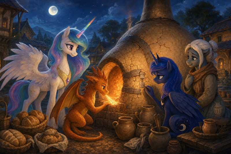 Luna the white alicorn with feathered wings and rainbow horn standing beside a moonlit communal kiln, with Ember the orange dragon warming cracked bricks, Malara the dark alicorn studying ash patterns, and a tired village kiln-keeper mare with clay jars and bread nearby