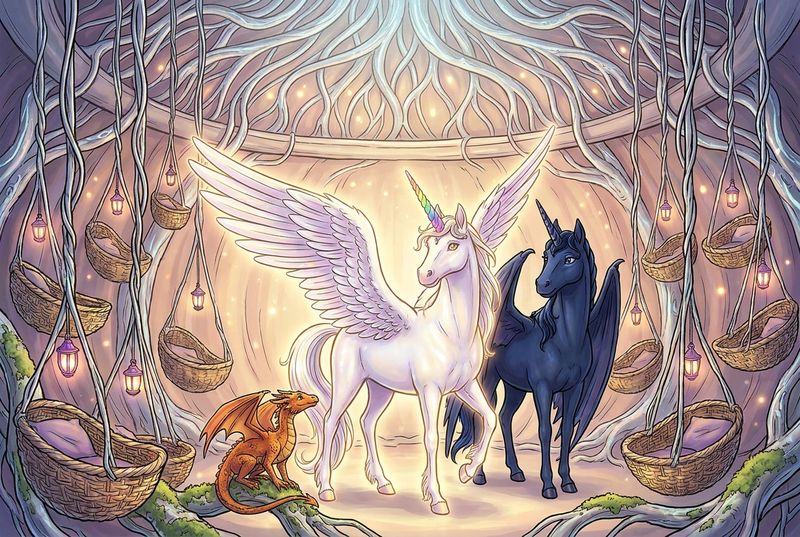 Luna the white alicorn with feathered wings and rainbow horn standing with Malara the dark alicorn and Ember the orange dragon in a glowing chamber of hanging silver-root cradles, soft violet-gold lantern lights, and silver arches beyond an underground river