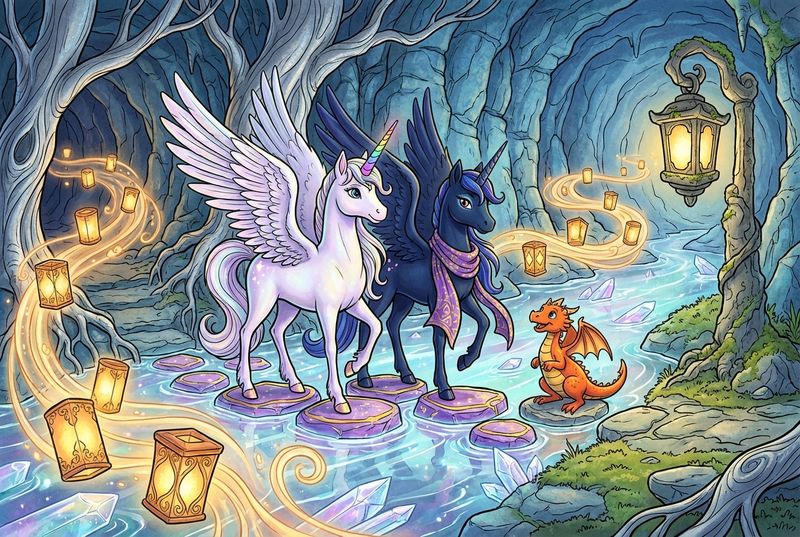 Luna the white alicorn with feathered wings and rainbow horn standing beside Malara the dark alicorn and Ember the orange dragon at a glowing underground lantern ford, with violet-gold stepping stones over a shining stream beneath silver roots