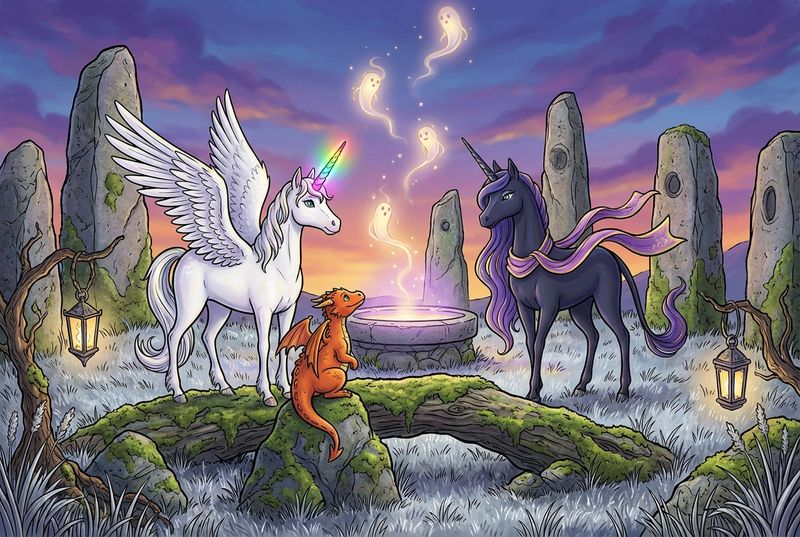 Luna the white alicorn with feathered wings and rainbow horn standing with Malara the dark alicorn and Ember the orange dragon in a hidden lantern hollow filled with violet-gold lights, silver roots, and a round stone basin glowing softly in the twilight