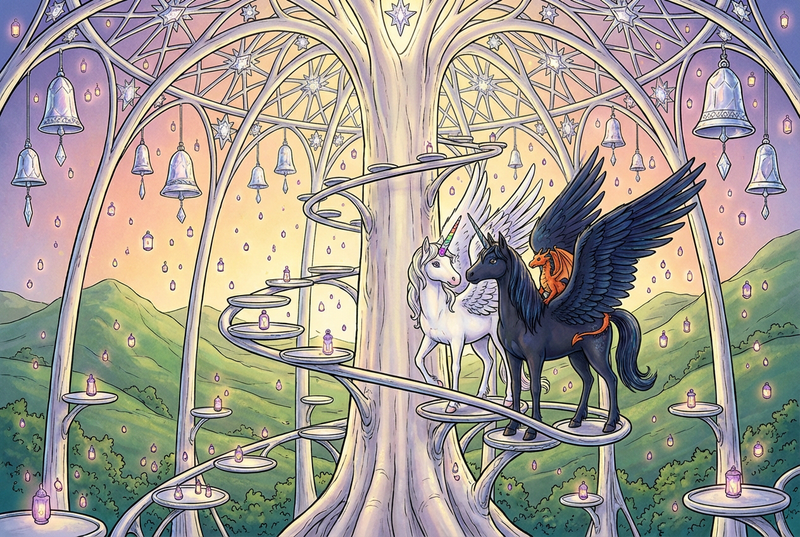 Luna the white alicorn with feathered wings and rainbow horn standing with Malara the dark alicorn and Ember the orange dragon in a glowing lantern roost beneath the hills, surrounded by curved silver perches, drifting violet-gold lantern lights, crystal bells, and silver roots