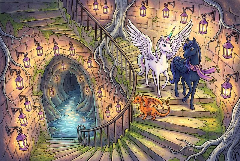 Luna the white alicorn with feathered wings and rainbow horn standing with Malara the dark alicorn and Ember the orange dragon on an ancient lantern stair beneath a hill, surrounded by violet-gold lantern lights, silver roots, and a glowing underground stream