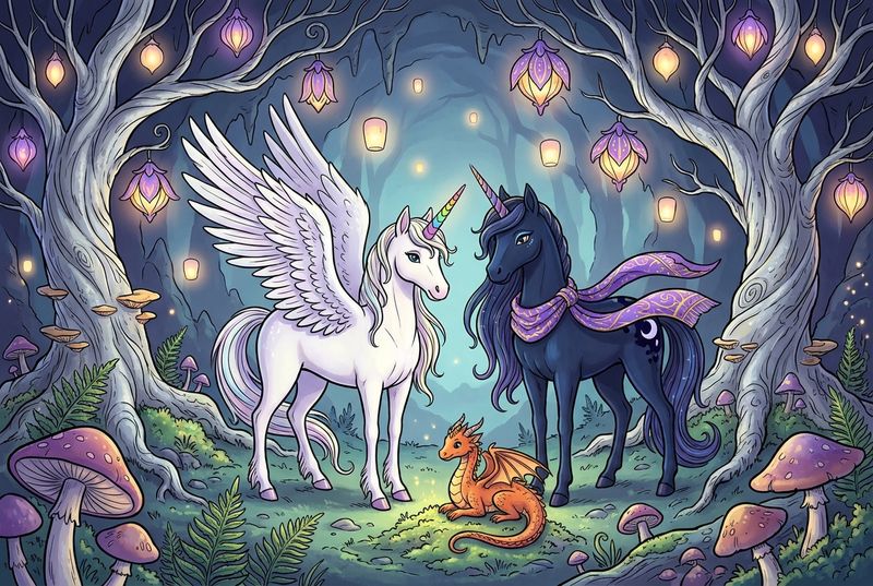 Luna the white alicorn with feathered wings and rainbow horn standing beside Malara the dark alicorn and Ember the orange dragon beneath a glowing violet-gold lantern tree in a hidden orchard, while soft lantern lights drift through the twilight