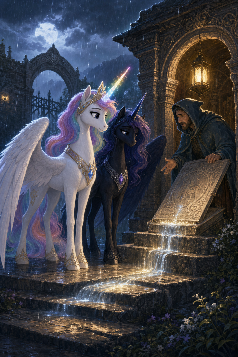 Luna the white alicorn with feathered wings and rainbow horn standing on moonlit rain-washed steps beside Malara the dark alicorn, while a worried border keeper opens an old stone ledger porch where silver witness water begins to glow