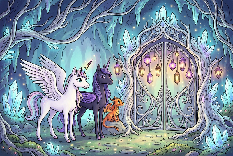 Luna the white alicorn with feathered wings and rainbow horn standing with Malara the dark alicorn and Ember the orange dragon before an ancient glowing lantern gate beneath the hills, surrounded by violet-gold lights, silver roots, and warm crystal lanterns