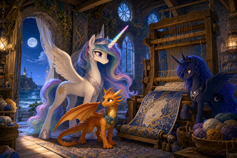 Luna the white alicorn with feathered wings and rainbow horn standing with Ember the orange dragon and Malara the dark alicorn beside a large wooden loom in a moonlit weaving hall, with warm lantern light and a half-woven cloth of blue and gold threads