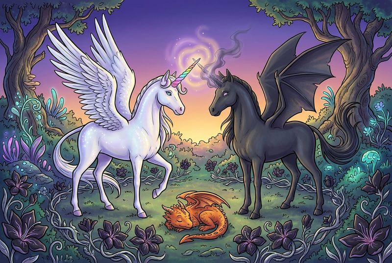 Luna the white alicorn with feathered wings and rainbow horn standing beside Malara the dark alicorn in the glowing Shadow Garden at dusk, their horns almost touching, surrounded by silver-veined dark flowers and a soft violet-gold light that fills the air between them