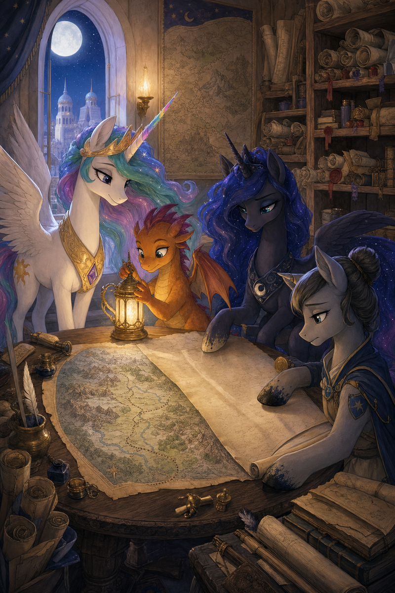 Luna the white alicorn with feathered wings and rainbow horn standing in an old moonlit map room beside Malara the dark alicorn, Ember the small orange dragon warming a brass lamp, and a border keeper mare unrolling a wall map of roads and passes