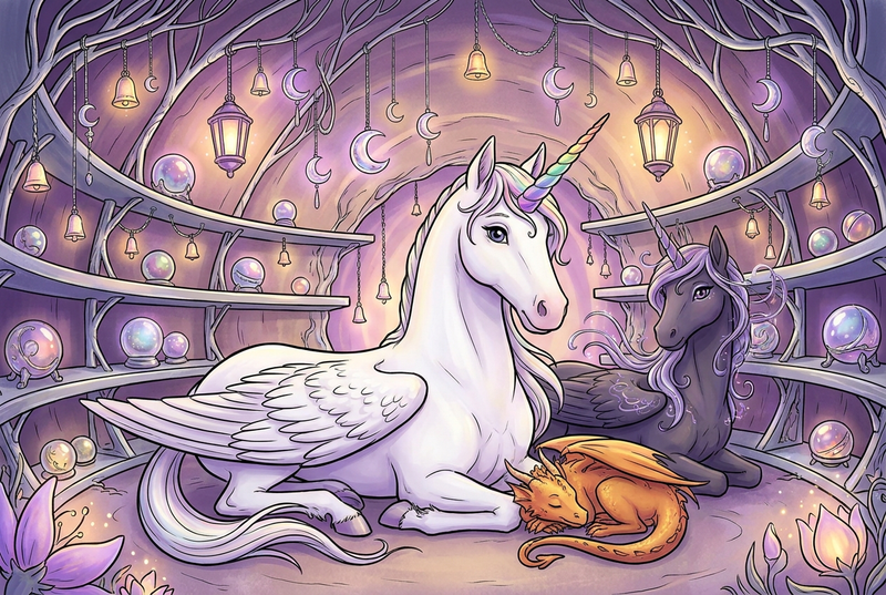 Luna the white alicorn with feathered wings and rainbow horn standing with Malara the dark alicorn and Ember the orange dragon in a glowing underground chamber of silver shelves, hanging memory bells, and soft violet-gold lantern light