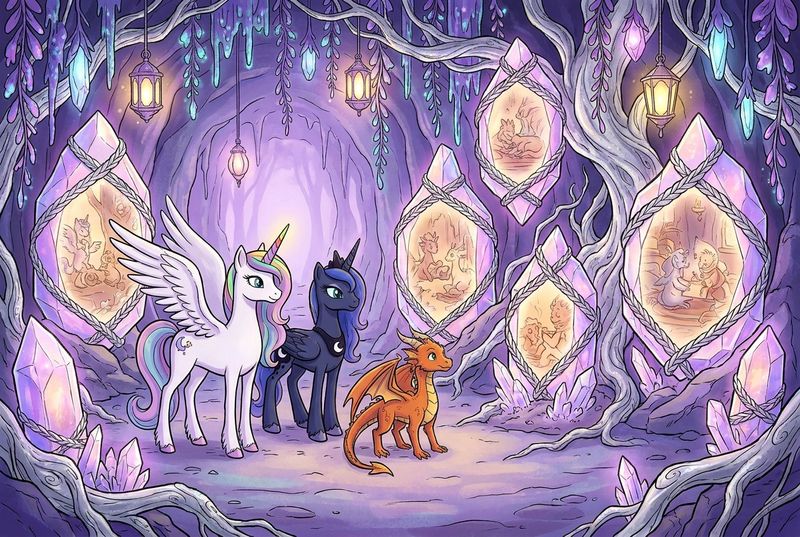 Luna the white alicorn with feathered wings and rainbow horn standing with Malara the dark alicorn and Ember the orange dragon in a glowing underground chamber of crystal frames, braided silver threads, and soft violet-gold lantern light