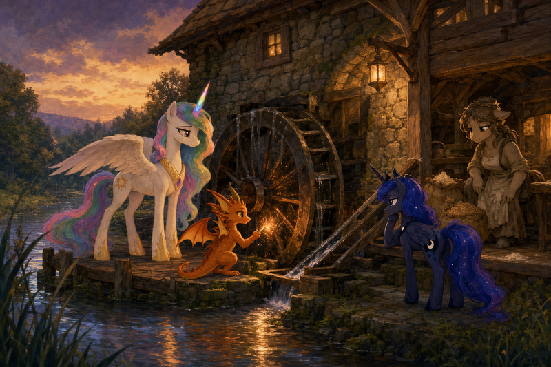 Luna the white alicorn with feathered wings and rainbow horn standing beside an old stone watermill at dusk, Ember the orange dragon warming the iron wheel, Malara the dark alicorn studying the sluice, and a tired mare miller beside sacks of grain in moonlit warmth