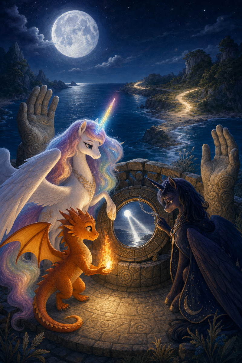 Luna the white alicorn with feathered wings and a rainbow horn stands on a moonlit sea causeway with Ember the small orange dragon and Malara the dark alicorn beside an ancient brass mirror reflecting a soft path of light across two shores