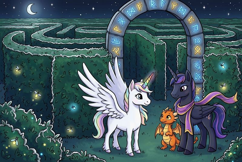 Luna the white alicorn with feathered wings and rainbow horn standing at the entrance of a towering hedge maze glowing with silver moonlight, with Ember the orange dragon and a dark alicorn wearing a violet-gold scarf beside her, fireflies drifting above the hedges