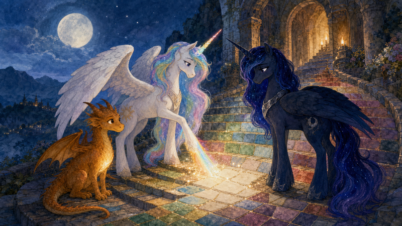 Luna the white alicorn with feathered wings and a rainbow horn stands at a moonlit mosaic stair in an ancient Far Kingdoms gatehouse with Ember the small orange dragon and Malara the dark alicorn, as many colored stones glow beneath a warm stone arch
