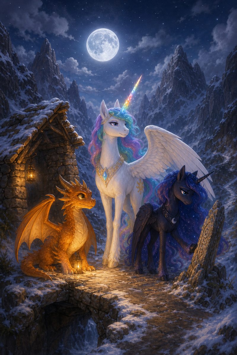 Luna the white alicorn with feathered wings and rainbow horn standing on a snowy mountain pass at moonrise beside Ember the orange dragon and Malara the dark alicorn, with an old stone windbreak shelter, a leaning marker, and warm light against the cold peaks