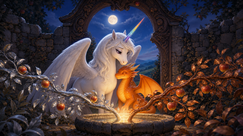 Luna the white alicorn with feathered wings and a rainbow horn stands at a moonlit ancient orchard gate with Ember the small orange dragon, as silver-leaved and copper-leaved apple branches bend together above a glowing stone basin