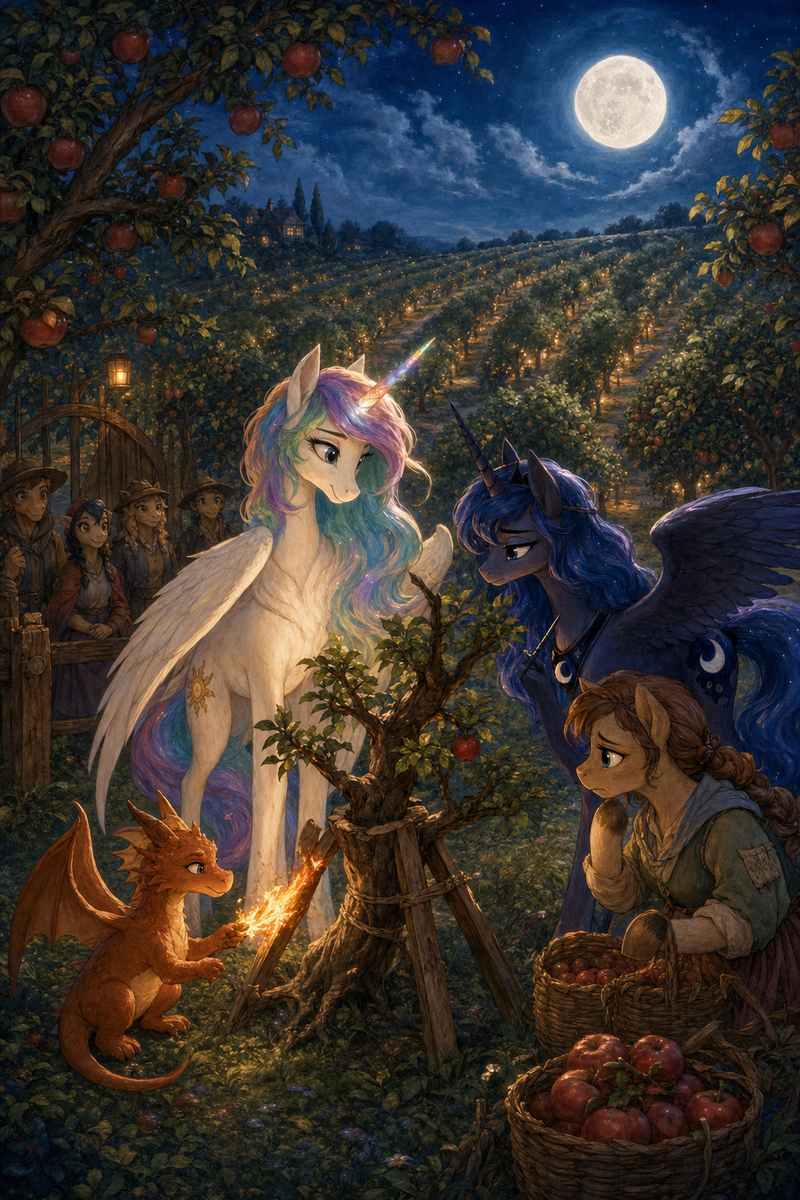 Luna the white alicorn with feathered wings and rainbow horn standing in a moonlit apple orchard with Ember the orange dragon warming a wooden brace, Malara the dark alicorn studying a cracked branch, and a worried mare keeper beside baskets of apples near a gate