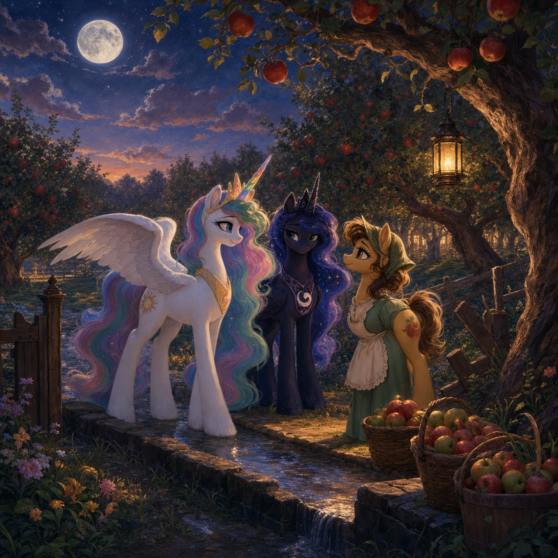 Luna the white alicorn with feathered wings and rainbow horn standing in a moonlit orchard with Malara the dark alicorn and an orchard keeper mare beside old apple trees, a stone water channel, and baskets of fruit