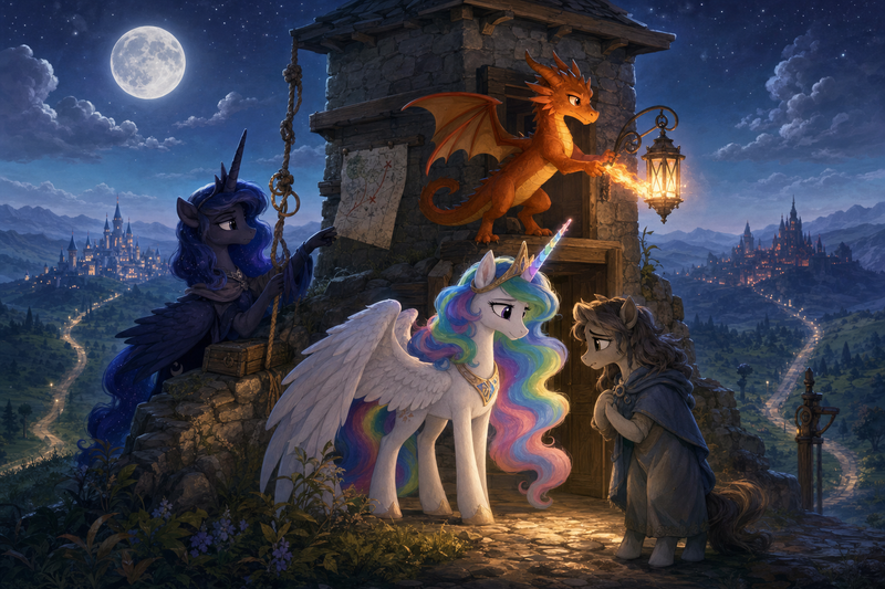 Luna the white alicorn with feathered wings and rainbow horn standing at a moonlit border outpost beside Ember the orange dragon, Malara the dark alicorn, and a worried mare keeper near a lantern, rope, and stone watch wall