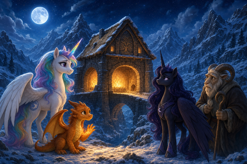 Luna the white alicorn with feathered wings and rainbow horn standing beside Ember the orange dragon and Malara the dark alicorn in a snowy mountain pass, while an old stone bridge hearth glows on both sides and a worried ram keeper watches warm fire shine through the storm