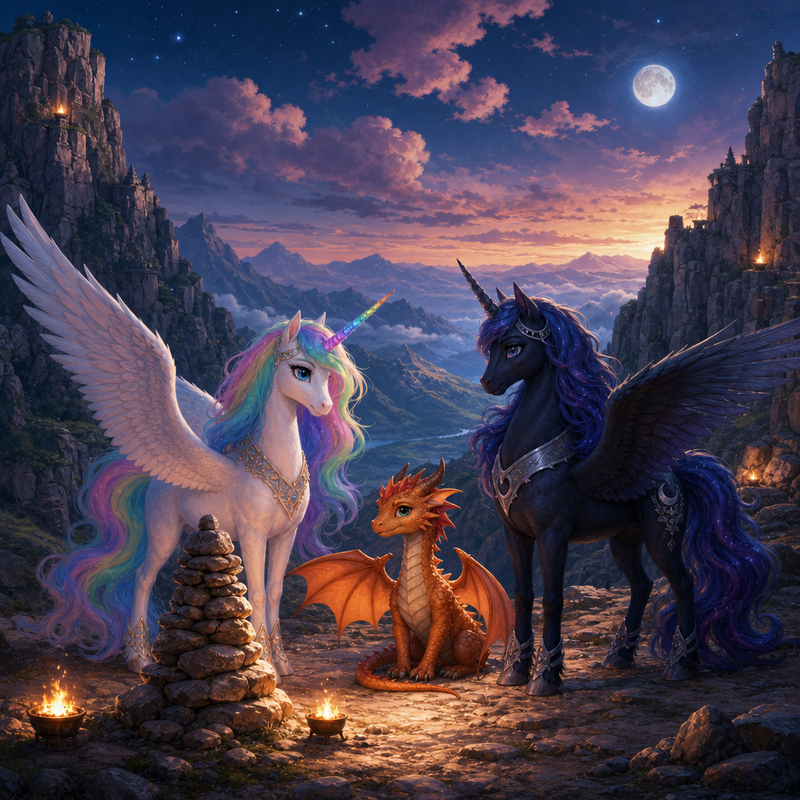 Luna the white alicorn with feathered wings and rainbow horn standing with Ember the orange dragon and Malara the dark alicorn beside a stone cairn on a mountain pass at dusk