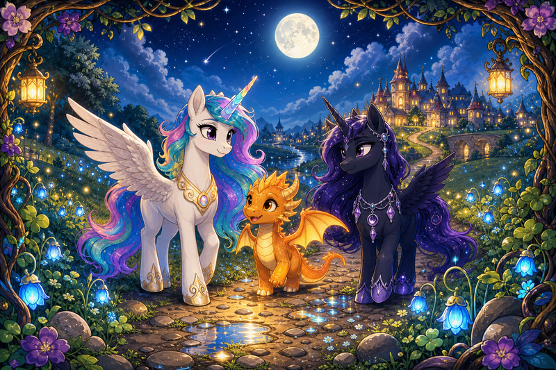 Luna the white alicorn with feathered wings and rainbow horn walking with Ember the orange dragon and Malara the dark alicorn along a moonlit path of tiny blue lantern sprouts