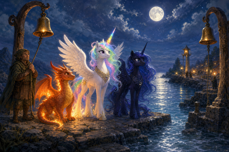 Luna the white alicorn with feathered wings and rainbow horn standing on a moonlit stone quay beside Ember the orange dragon and Malara the dark alicorn, near two old tide bells above silver water with a warm island keeper and a distant answering shore