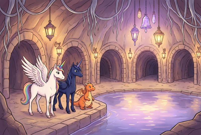 Luna the white alicorn with feathered wings and rainbow horn standing with Malara the dark alicorn and Ember the orange dragon in a glowing underground lantern harbor, surrounded by branching tunnels, violet-gold lanterns, silver roots, and a still shining pool