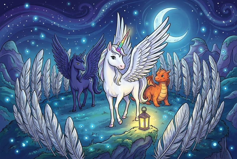 Luna the white alicorn with feathered wings and rainbow horn standing with Ember the orange dragon and Malara the dark alicorn on a moonlit ridge inside a ring of silver feathers and lantern light