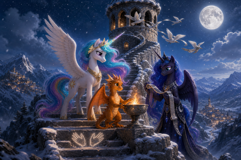Luna the white alicorn with feathered wings and a rainbow horn stands with Ember the orange dragon and Malara the dark alicorn on a moonlit snowy stair below an old rookery tower, as white messenger birds fly toward distant mountain villages