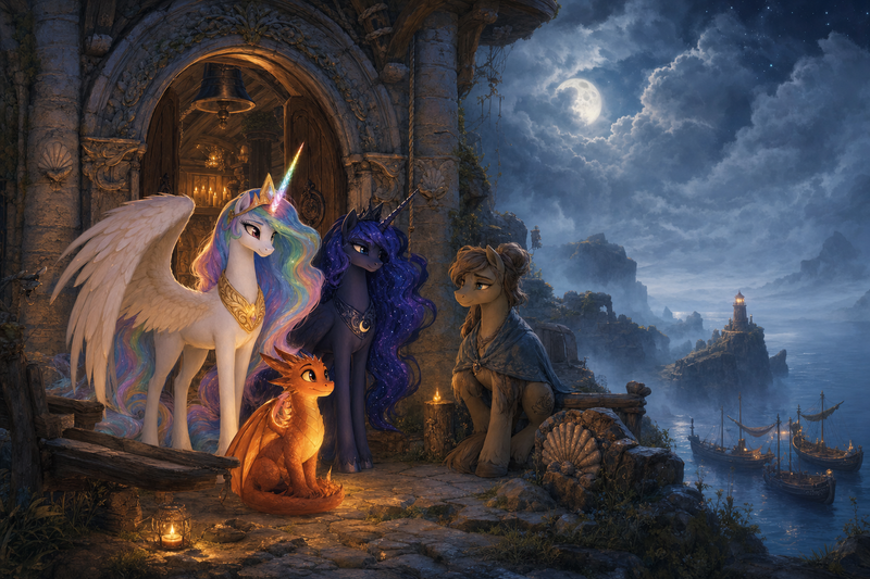Luna the white alicorn with feathered wings and rainbow horn standing in the doorway of a stone seaside sanctuary with Ember the orange dragon, Malara the dark alicorn, a tired mare keeper, carved shell walls, a repaired bell rope, and moonlit fog above a calm harbor