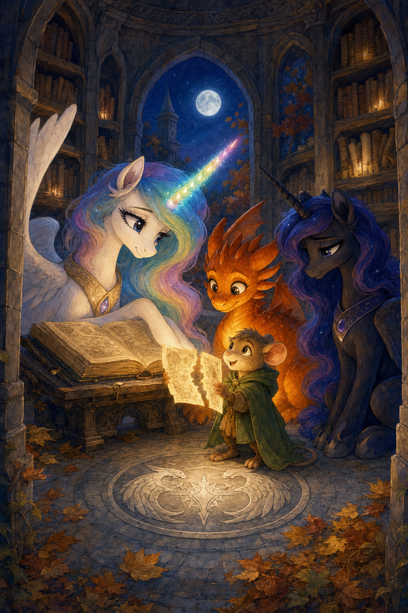 Luna the white alicorn with feathered wings and a rainbow horn stands with Ember the orange dragon and Malara the dark alicorn in a moonlit round scriptorium, while a small mouse child holds two glowing halves of an old map beside an open book and a silver Accord seal