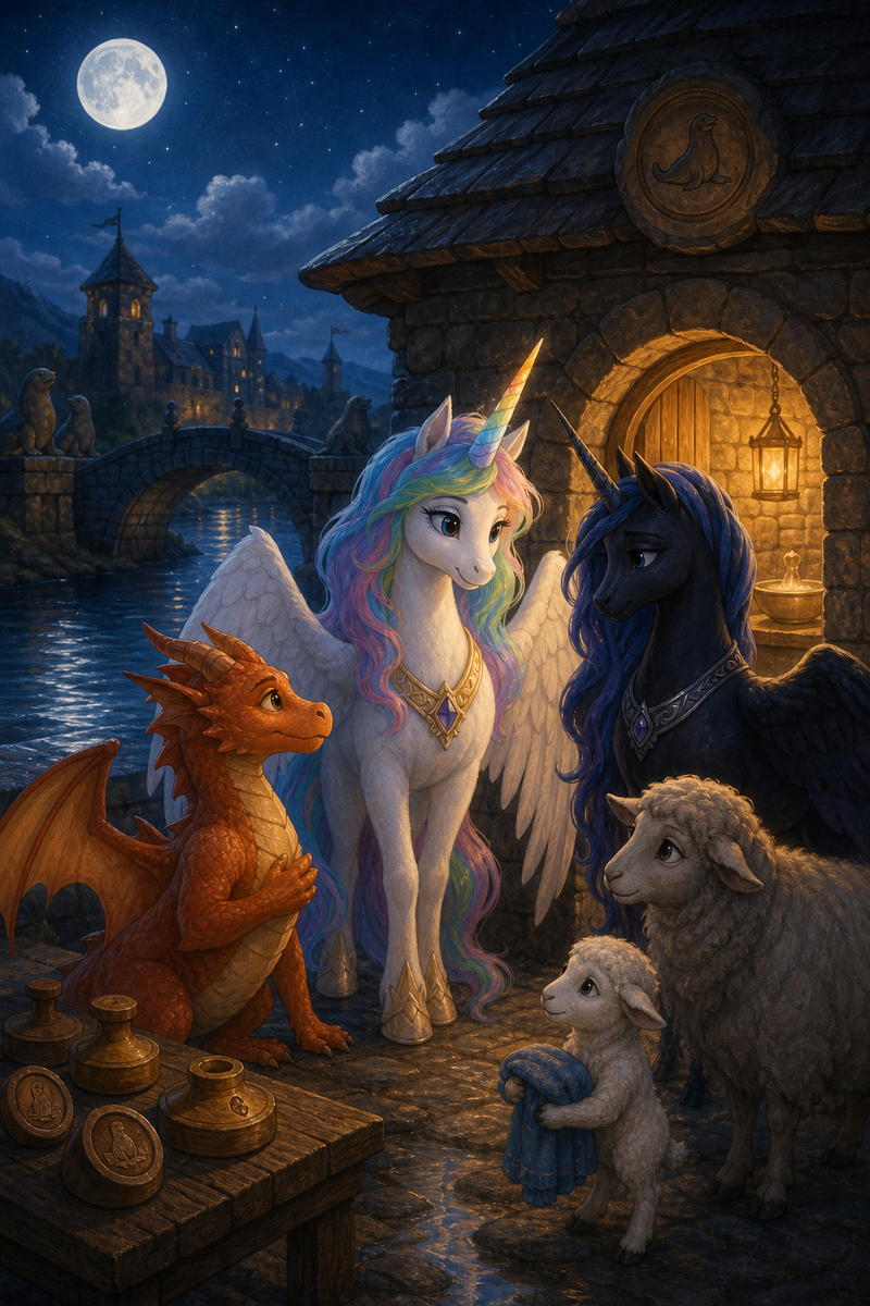 Luna the white alicorn with feathered wings and rainbow horn standing in a moonlit stone seal house beside Ember the orange dragon and Malara the dark alicorn, while a warm witness basin glows near a border bridge and clay travel seals on the wall