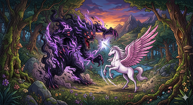 Unicorn battling a shadow beast in the forest