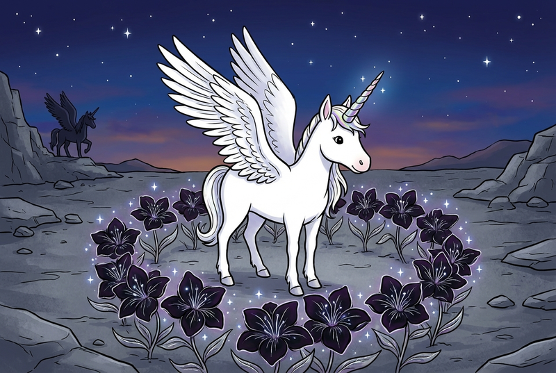 Luna the white alicorn with rainbow horn standing in a field of dark glowing flowers in a grey stone wasteland at twilight, with a dark shape watching from the shadows nearby