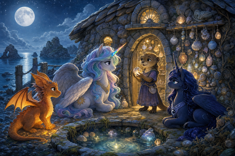 Luna the white alicorn with feathered wings and rainbow horn standing beside Ember the orange dragon and Malara the dark alicorn at a moonlit stone shell house on the Listening Isles, while a young otter girl holds a glowing witness shell above a silver tide basin