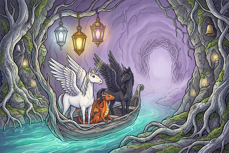 Luna the white alicorn with feathered wings and rainbow horn standing with Malara the dark alicorn and Ember the orange dragon in a silver-root ferry boat on a glowing underground river with three lanterns, silver roots, and soft violet-gold lights