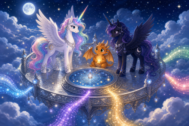Luna the white alicorn with feathered wings and rainbow horn standing with Ember the orange dragon and Malara the dark alicorn in a round silver sky-compass court between streams of starlight above the clouds