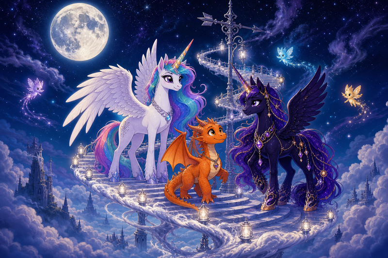 Luna the white alicorn with feathered wings and rainbow horn standing with Ember the orange dragon and Malara the dark alicorn on a silver spiral stair of moving air around a tall sky-vane above the clouds
