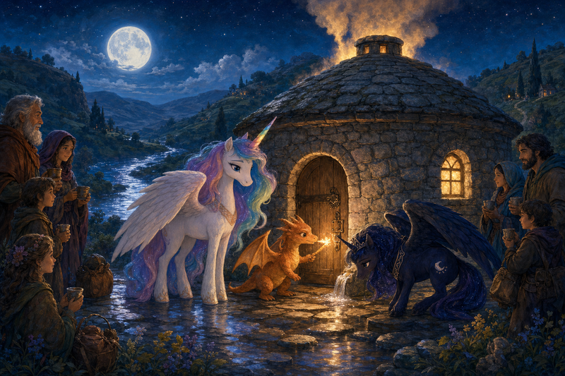 Luna the white alicorn with feathered wings and rainbow horn standing beside a moonlit stone springhouse with Ember the orange dragon warming the iron latch, Malara the dark alicorn studying the wet floor, and villagers waiting peacefully outside in the warm steam