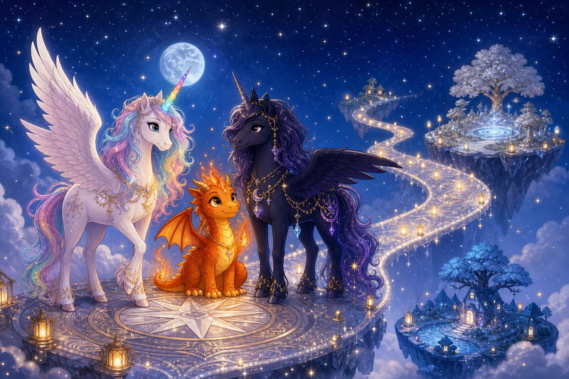 Luna the white alicorn with feathered wings and rainbow horn standing with Ember the orange dragon and Malara the dark alicorn on a glowing star-mist bridge leading toward sleeping lantern-islands above the clouds