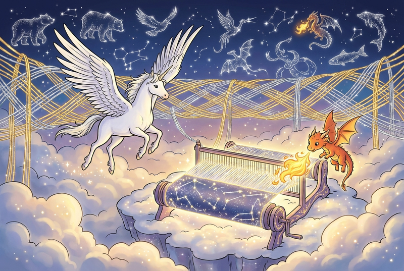 Luna the white alicorn soaring through a glowing sky citadel woven from starlight and constellations